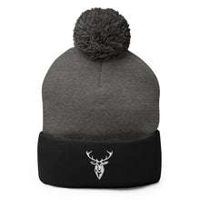Embroidered Pom Pom Classic Knit Beanie grey and black front view