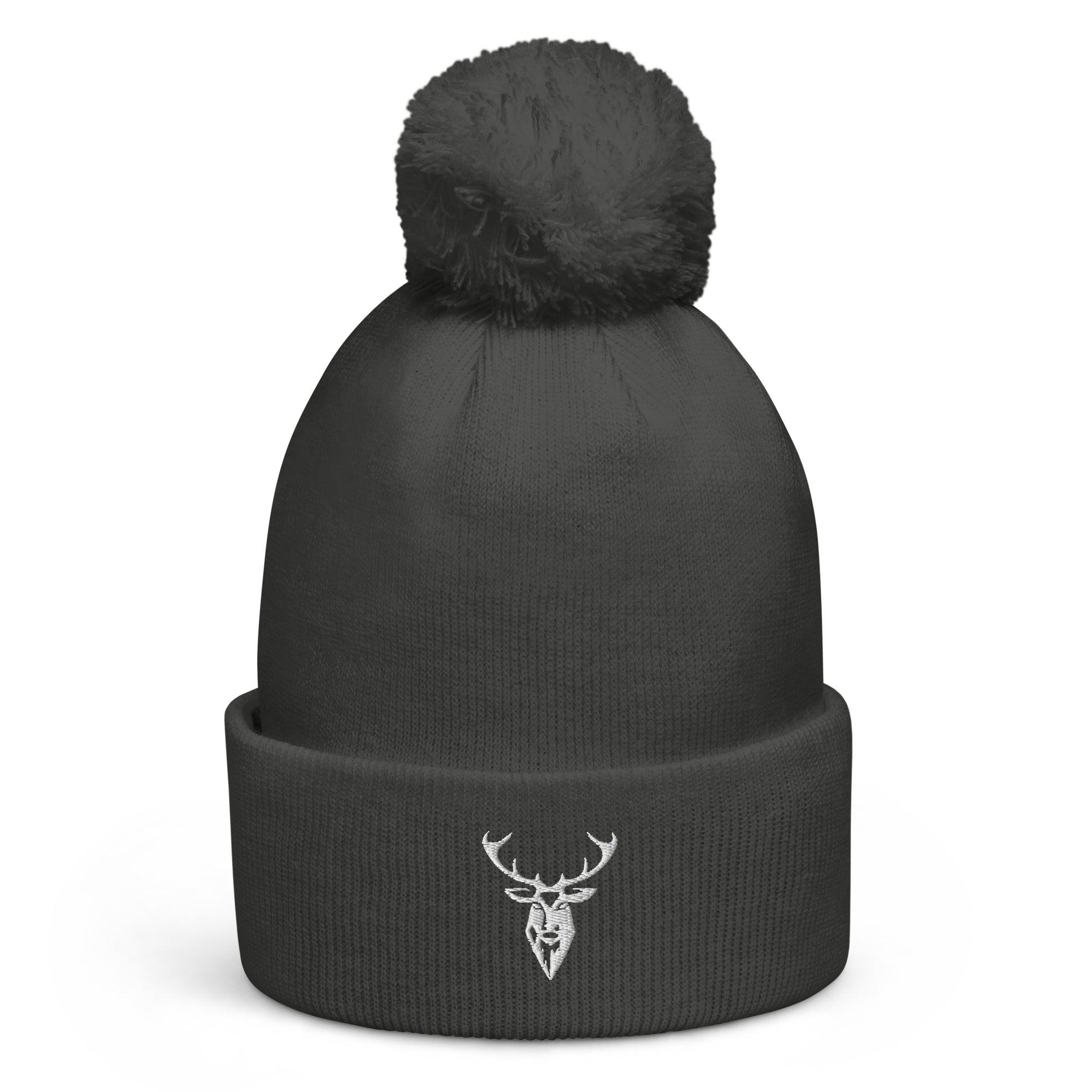 Embroidered Pom Pom Soft Beanie dark grey view from the front