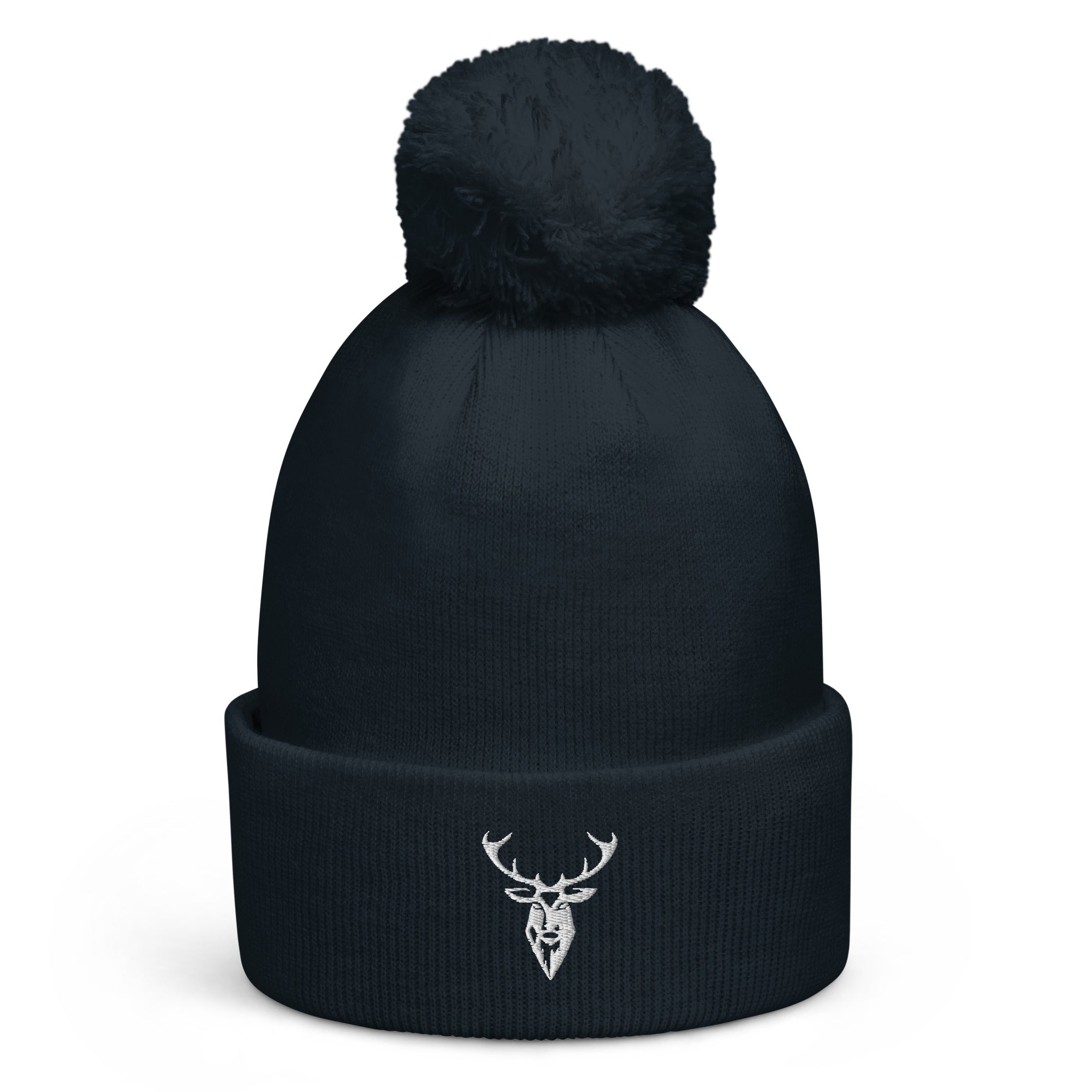 Embroidered Pom Pom Soft Beanie in navy with white stag branding front view