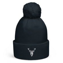 Embroidered Pom Pom Soft Beanie in navy with white stag branding front view