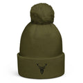 Embroidered Pom Pom Soft Beanie in green with black logo front view
