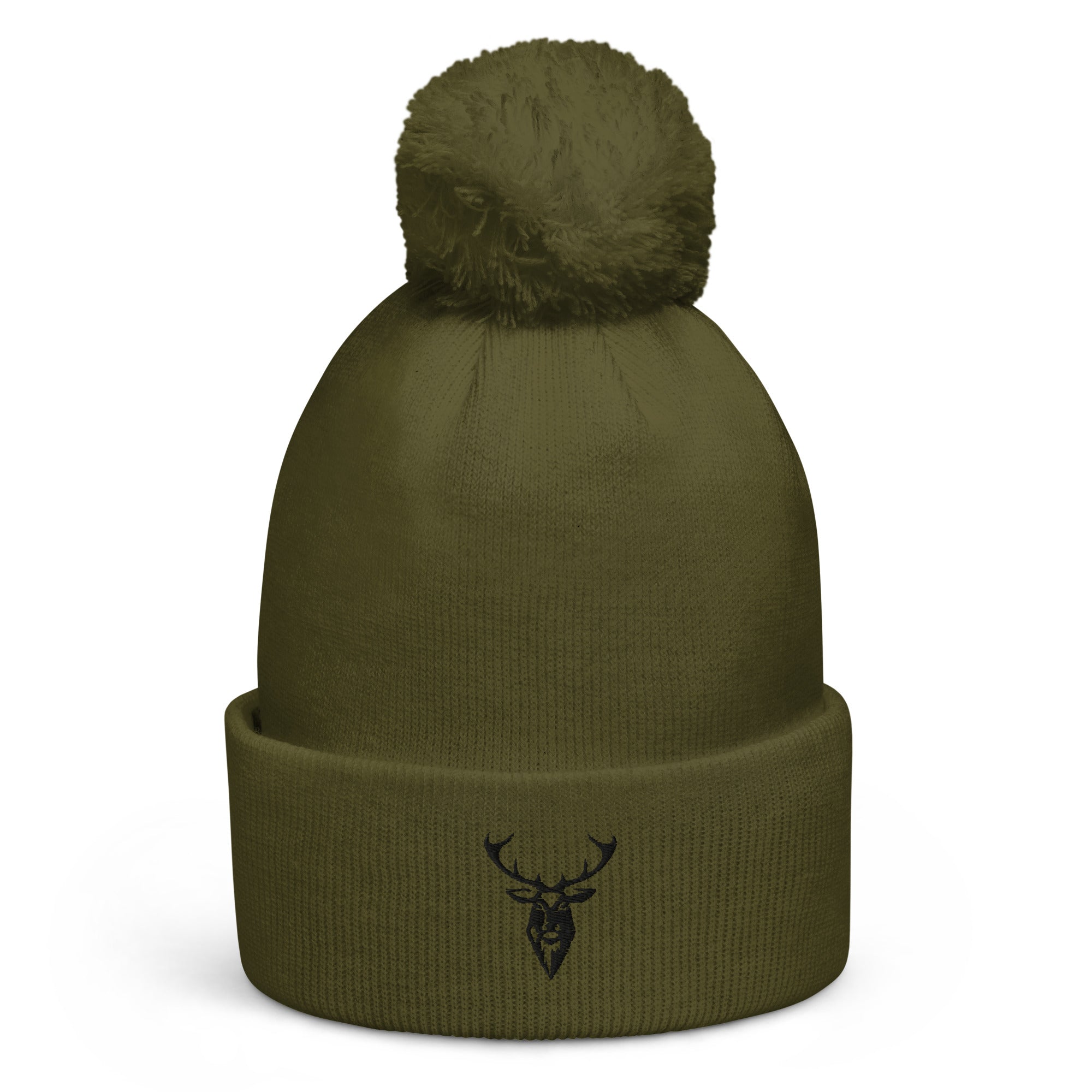 Embroidered Pom Pom Soft Beanie in green with black logo front view