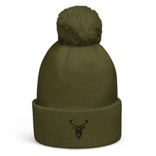 Embroidered Pom Pom Soft Beanie in green with black logo front view
