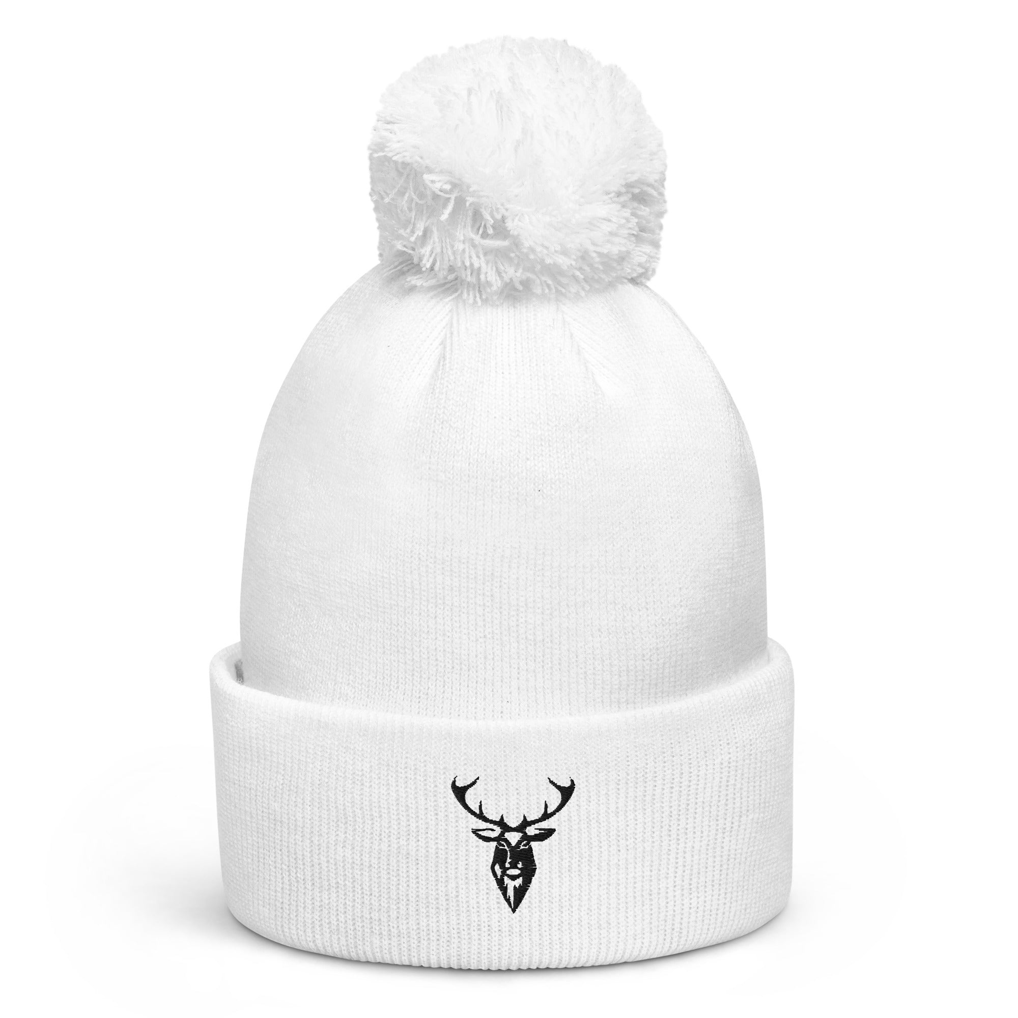 Embroidered Pom Pom Soft Beanie in white front view