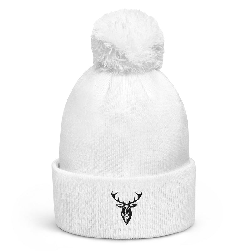 Embroidered Pom Pom Soft Beanie in white front view