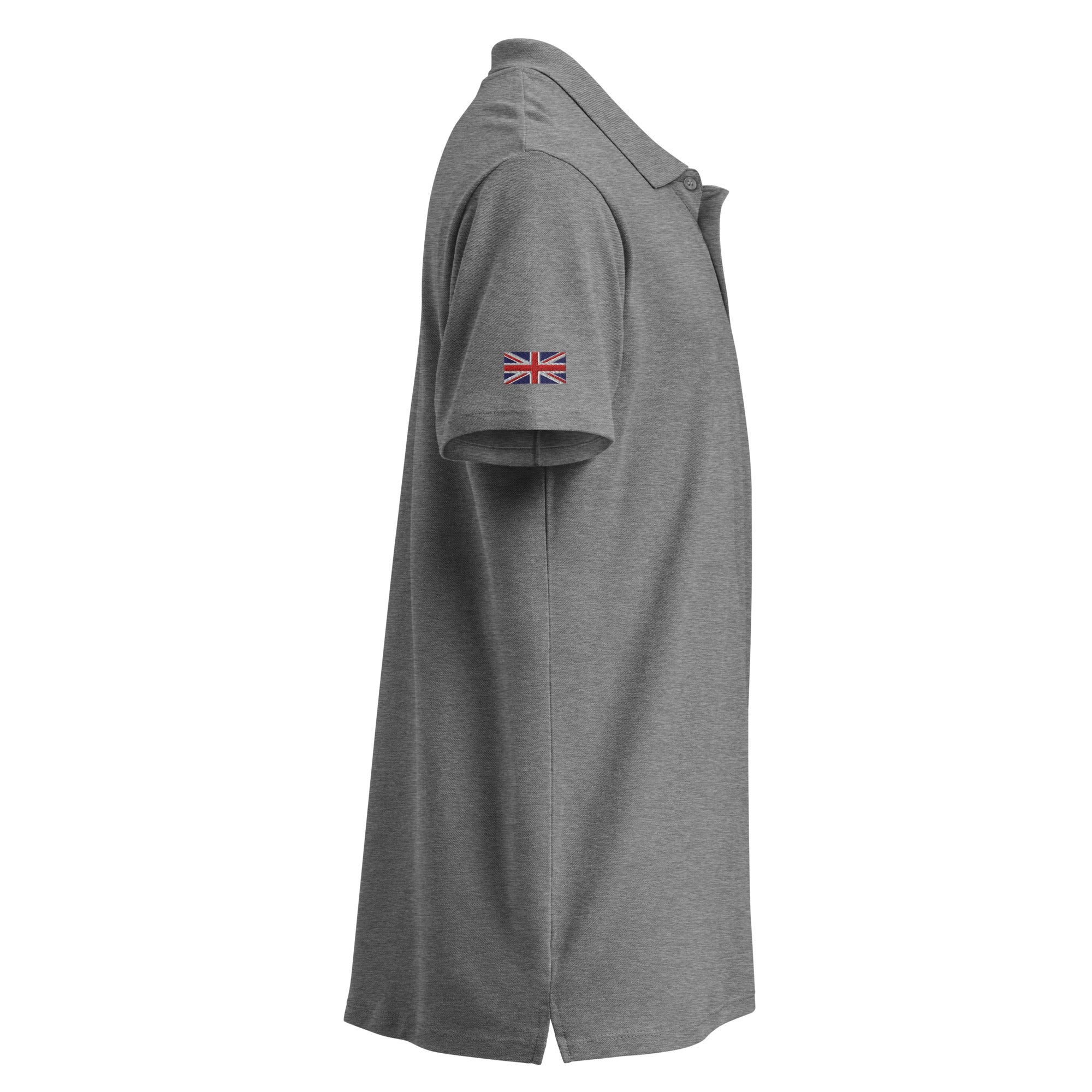 Embroidered Premium Hillside Polo shirt w British Flag grey colour side view
