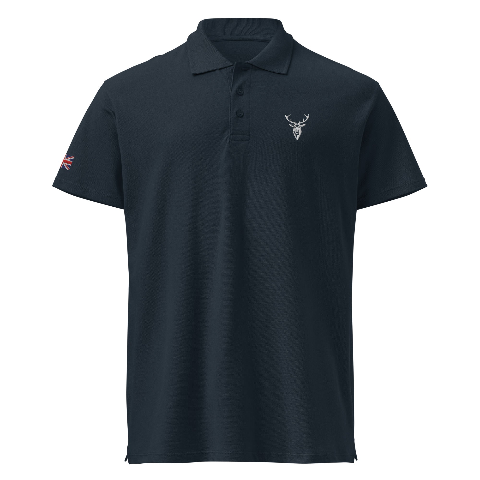 Embroidered Premium Hillside Polo shirt w British Flag navy colour front view