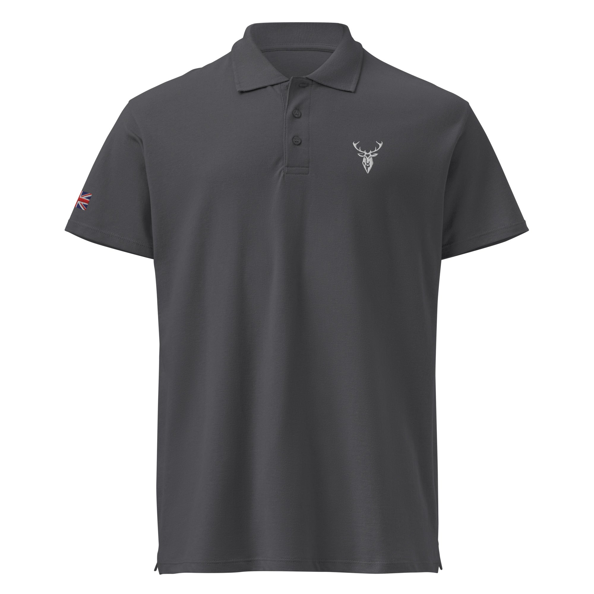Embroidered Premium Hillside Polo shirt w British Flag dark grey colour front view