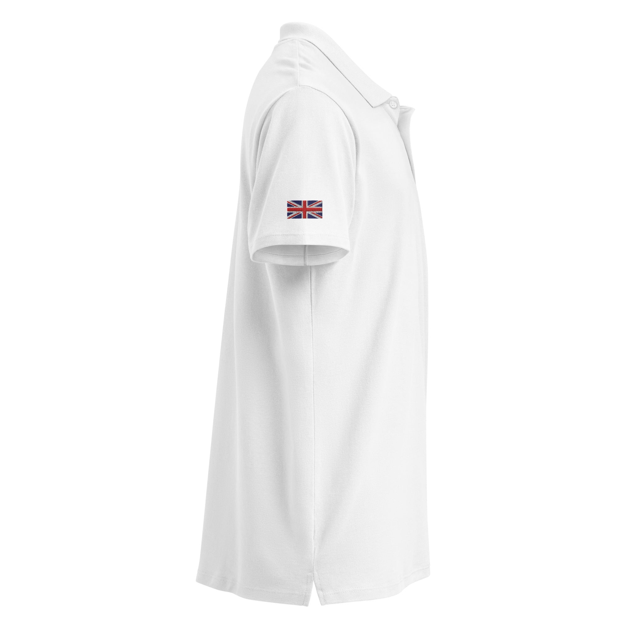 Embroidered Premium Hillside Polo shirt w British Flag white colour side view