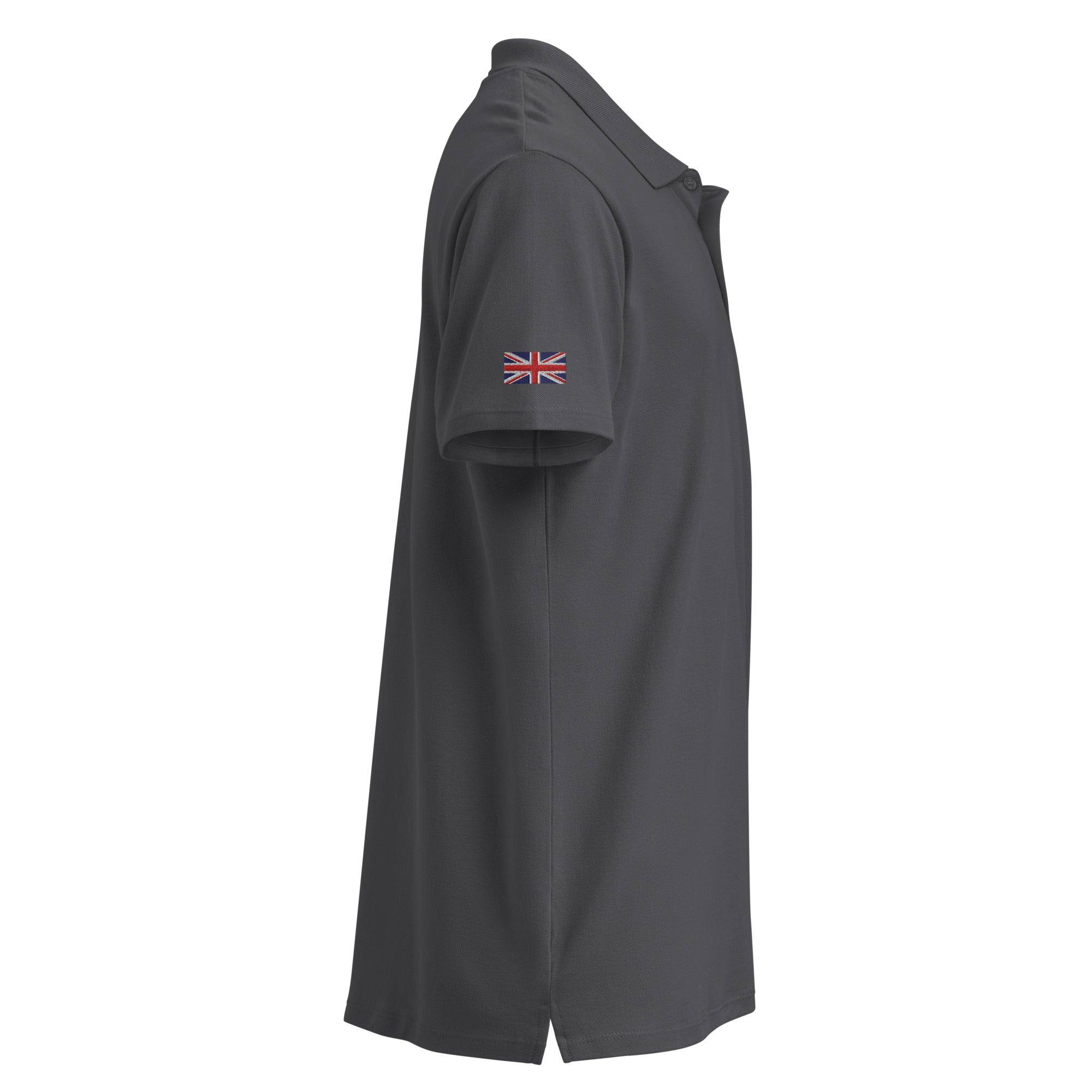Embroidered Premium Hillside Polo shirt w British Flag dark grey colour side view