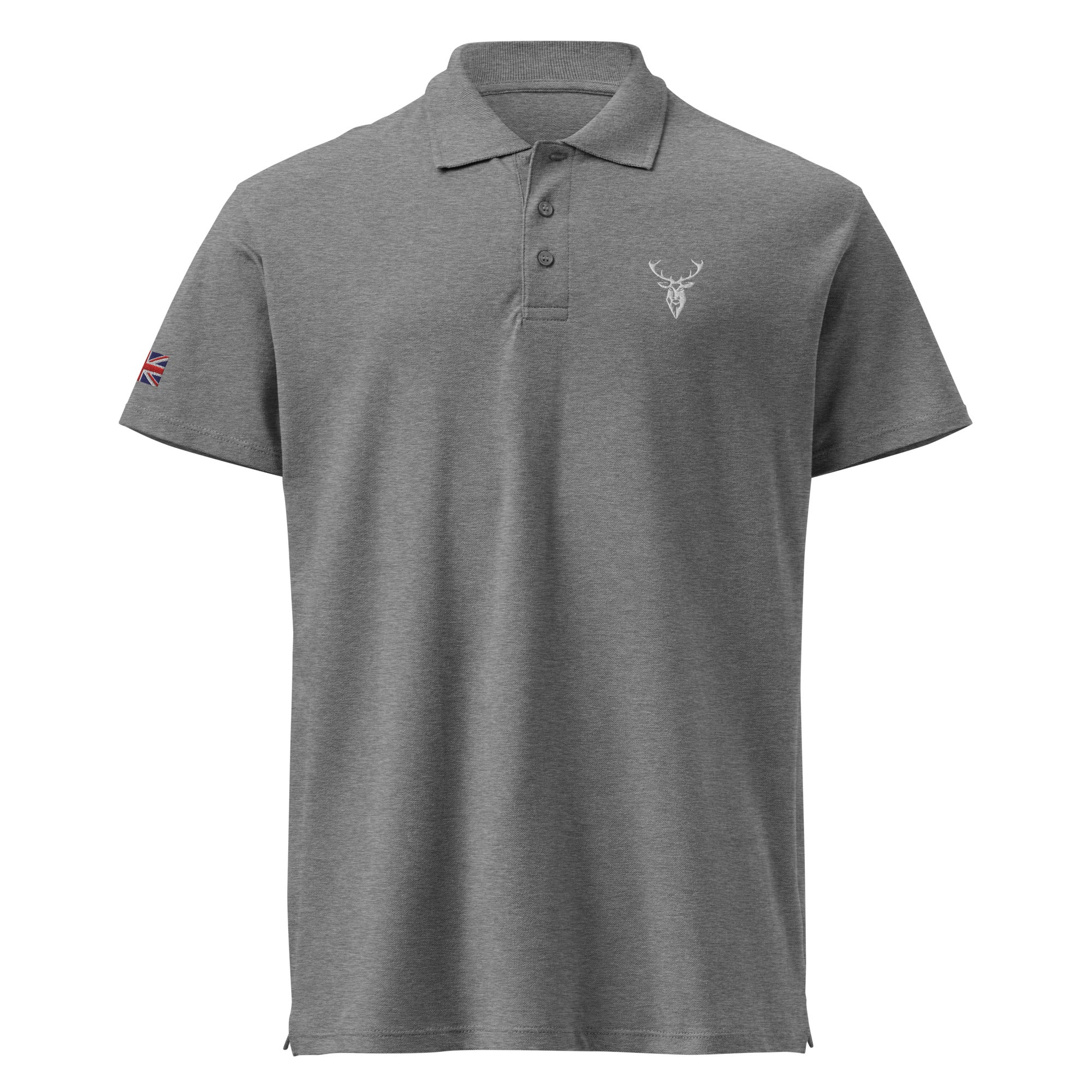 Embroidered Premium Hillside Polo shirt w British Flag grey colour front view