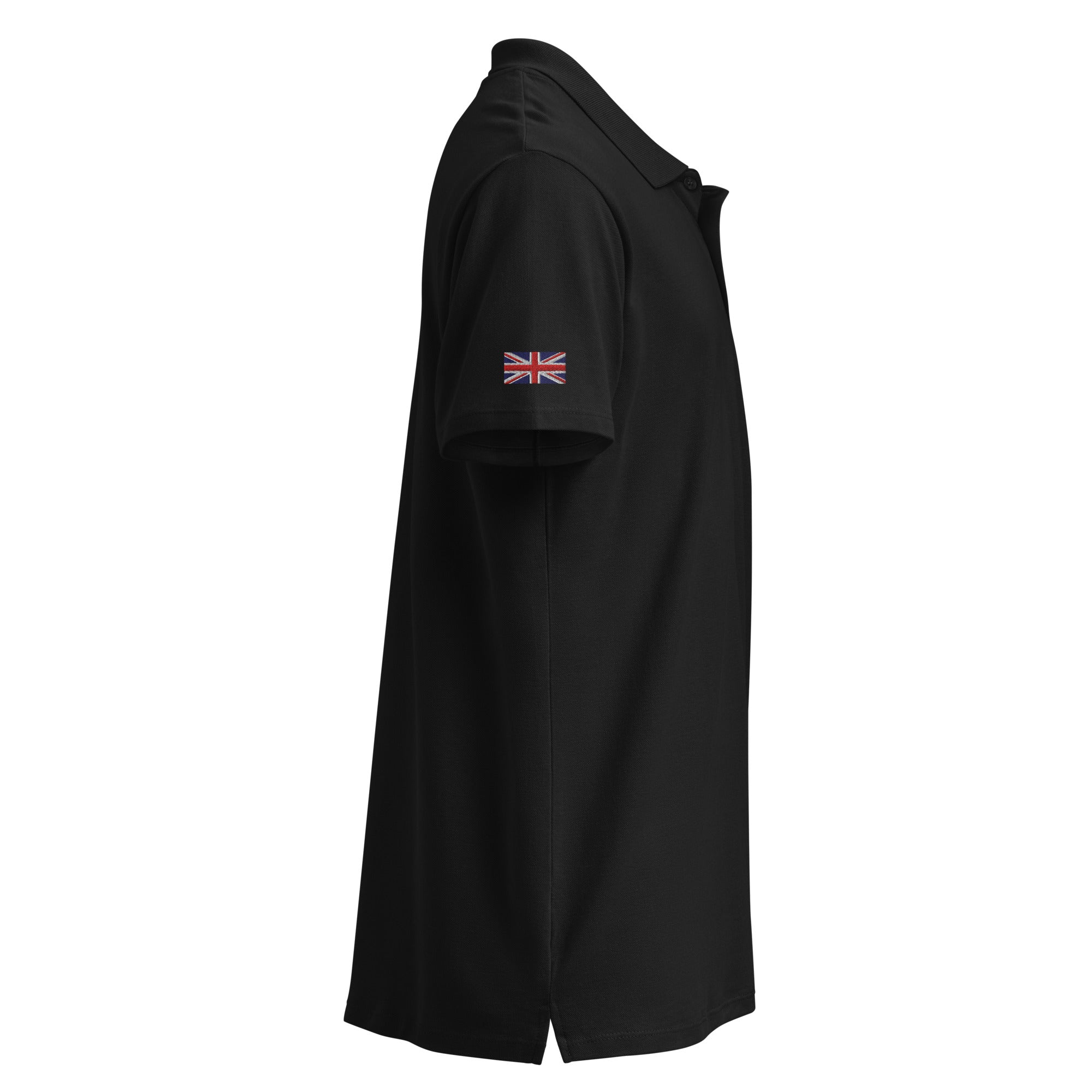 Embroidered Premium Hillside Polo shirt w British Flag black colour side view
