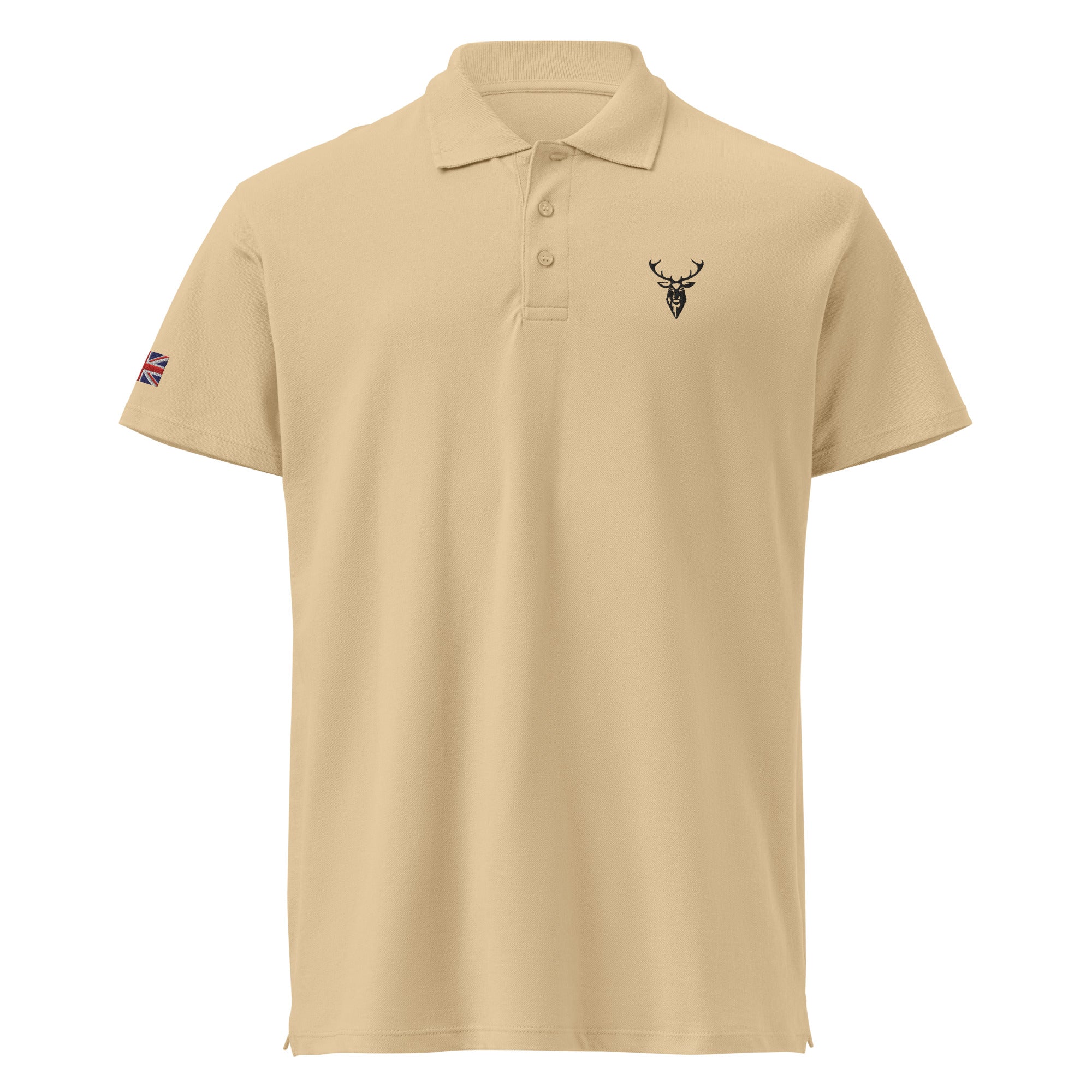 Embroidered Premium Hillside Polo shirt w British Flag sand colour front view