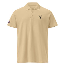 Embroidered Premium Hillside Polo shirt w British Flag sand colour front view