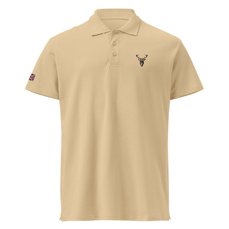Embroidered Premium Hillside Polo shirt w British Flag sand colour front view