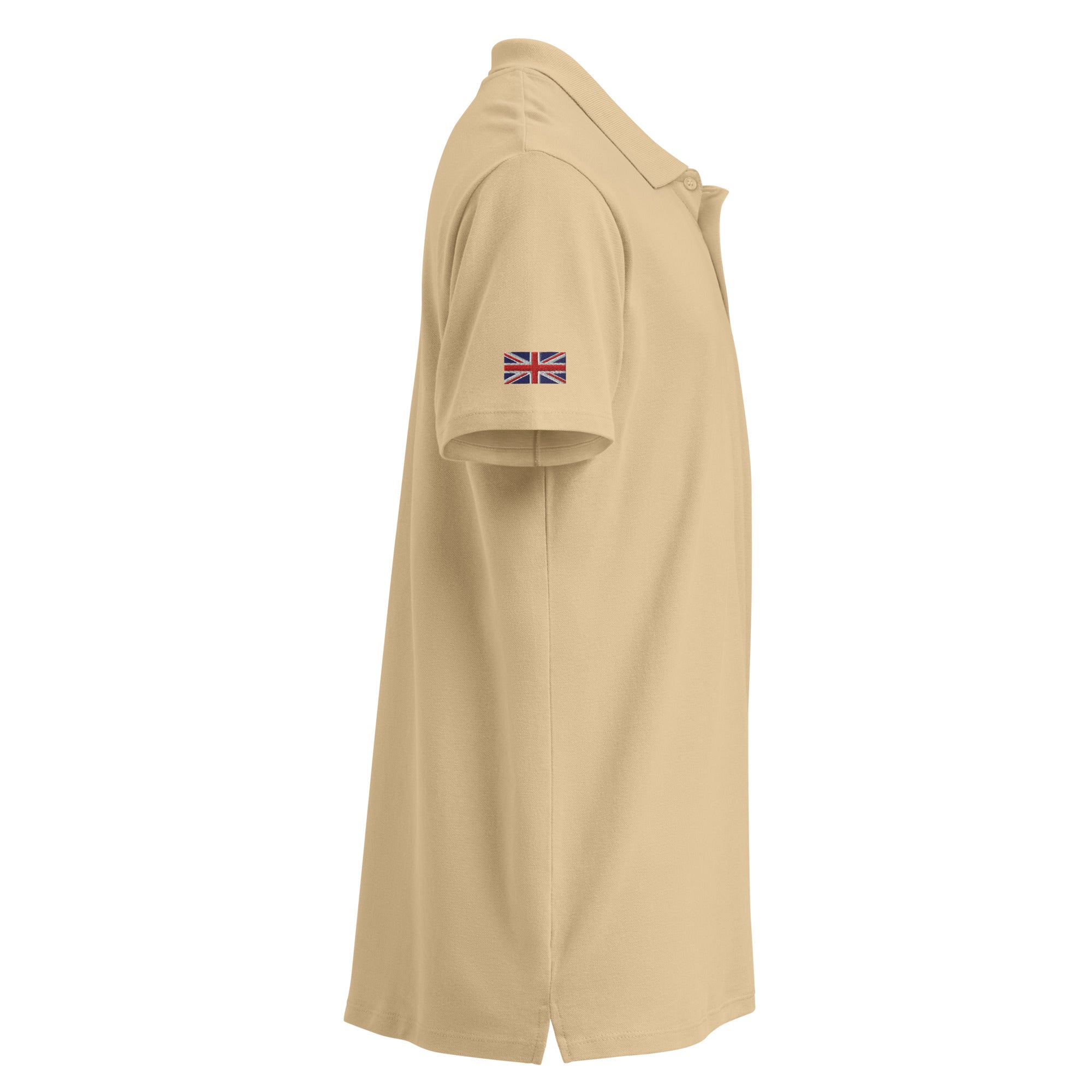 Embroidered Premium Hillside Polo shirt w British Flag sand colour side view