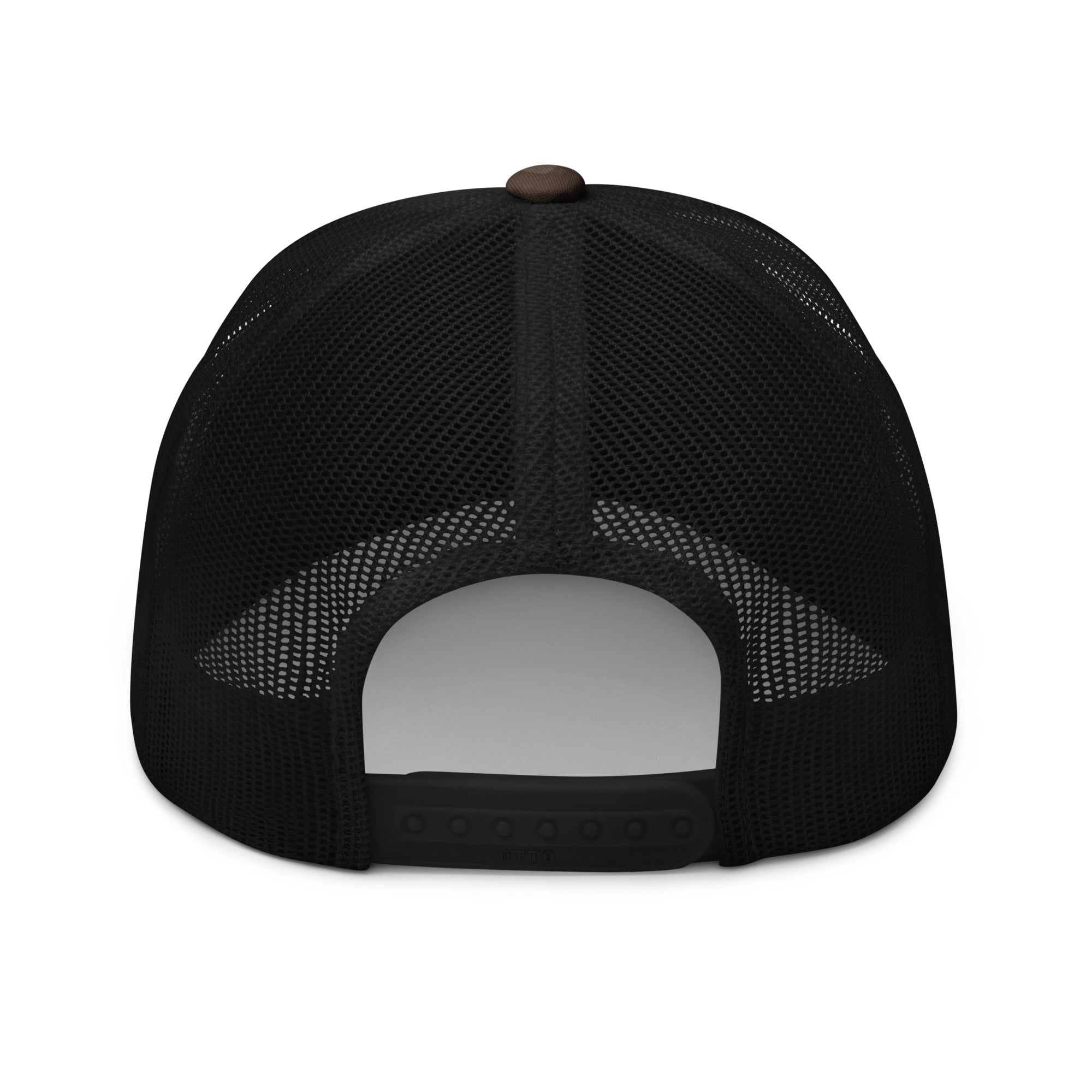 Embroidered Stag Camouflage Trucker Hat view of back with mesh back and adjustable strap