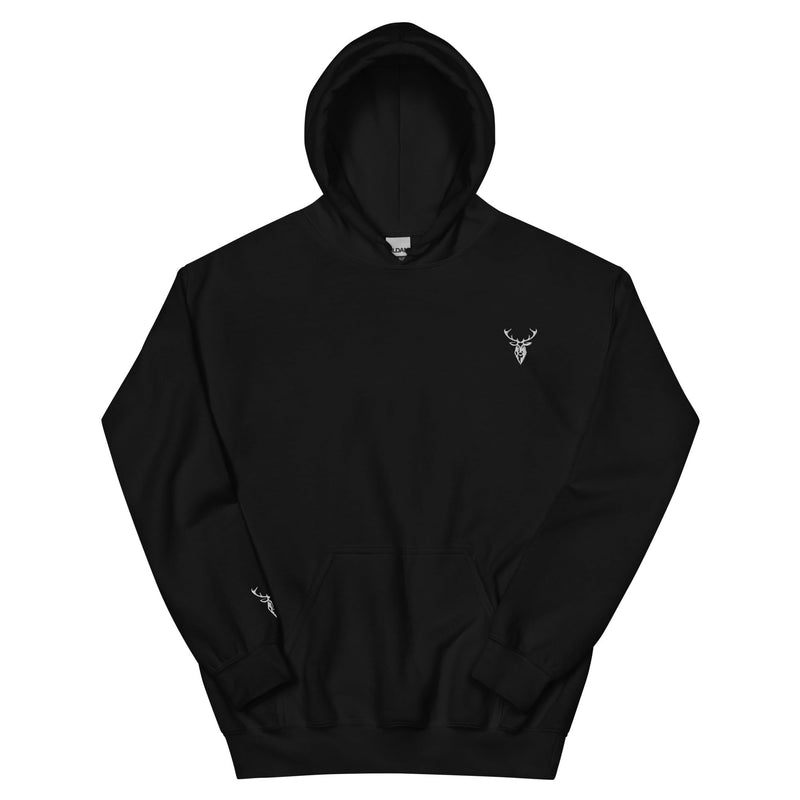 Embroidered Stag Glen Etive Hoodie in Black minimalist style logo front view