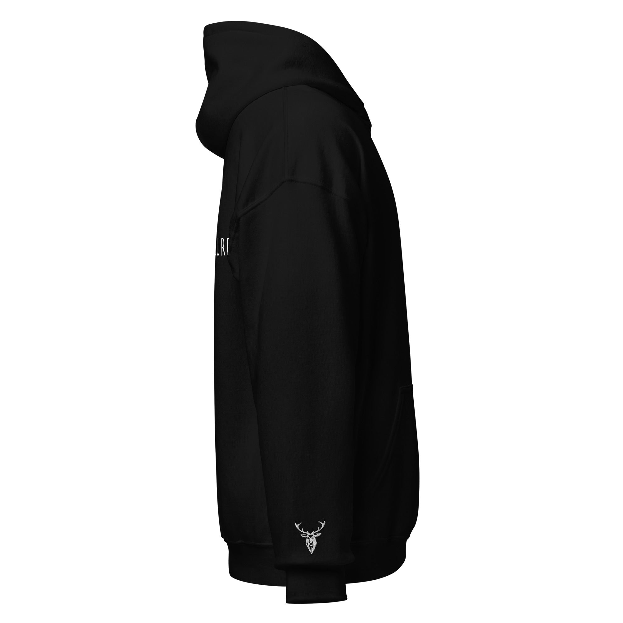 Embroidered Stag Glen Etive Hoodie in Black side view of sleeve logo