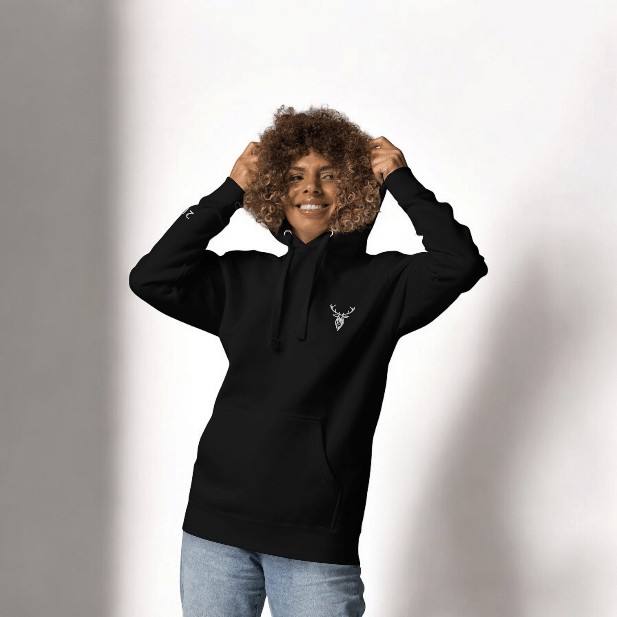 Embroidered Stag Lomond Hoodie in black female model front view