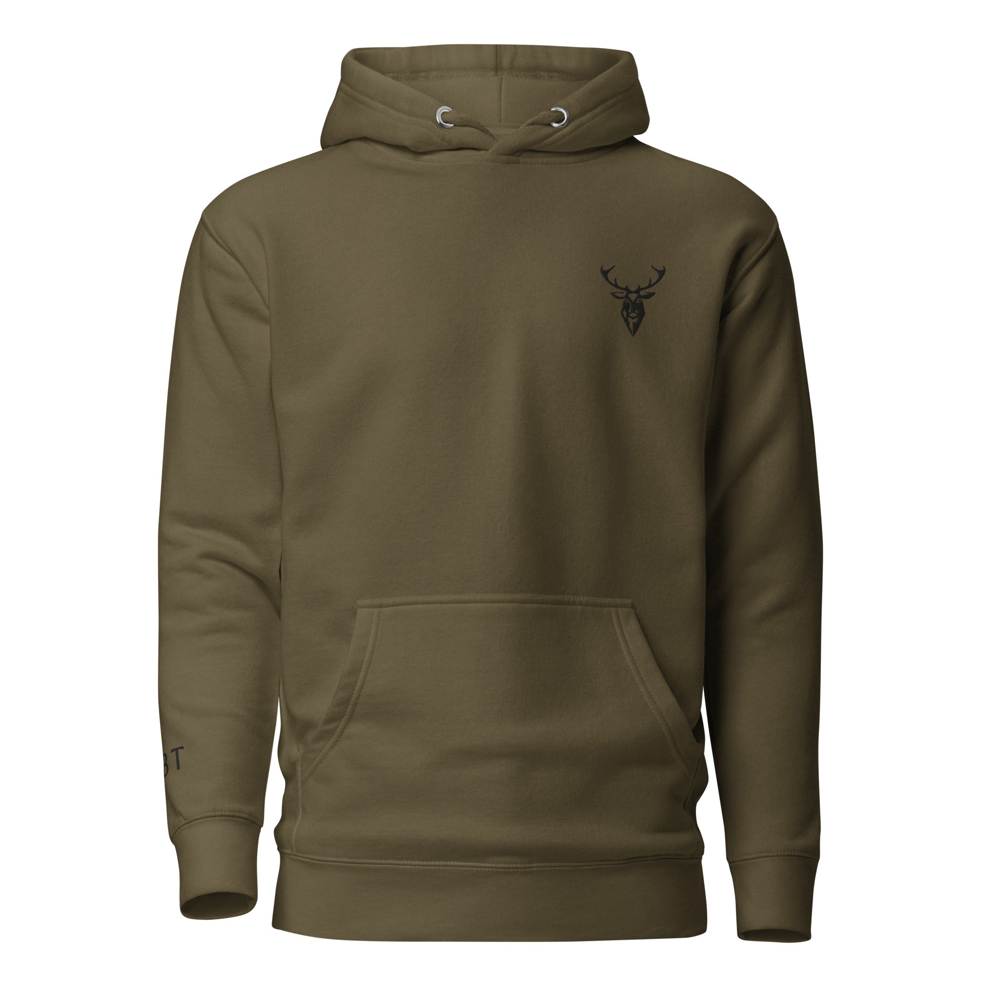Embroidered Stag Lomond Hoodie in Military Green with small minimalist logo front view