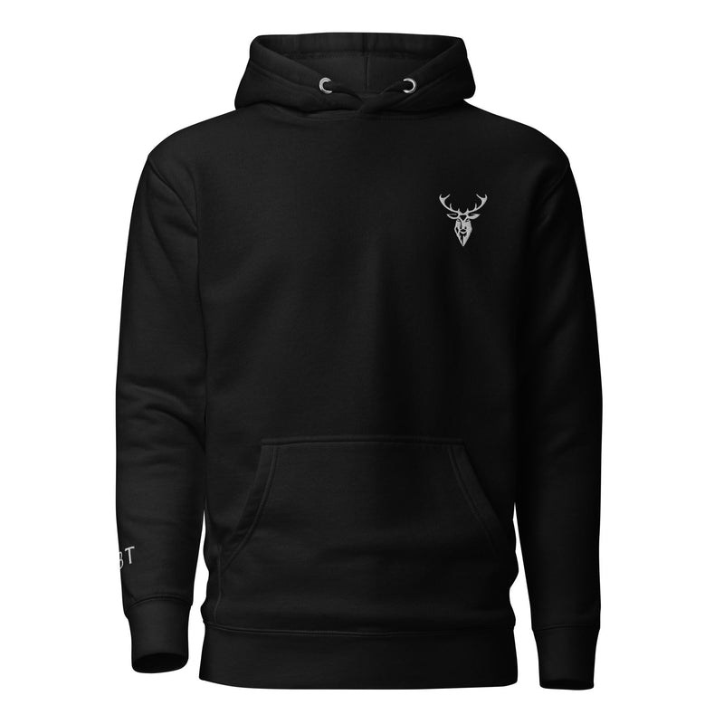 Embroidered Stag Lomond Hoodie in Black front view small stag logo