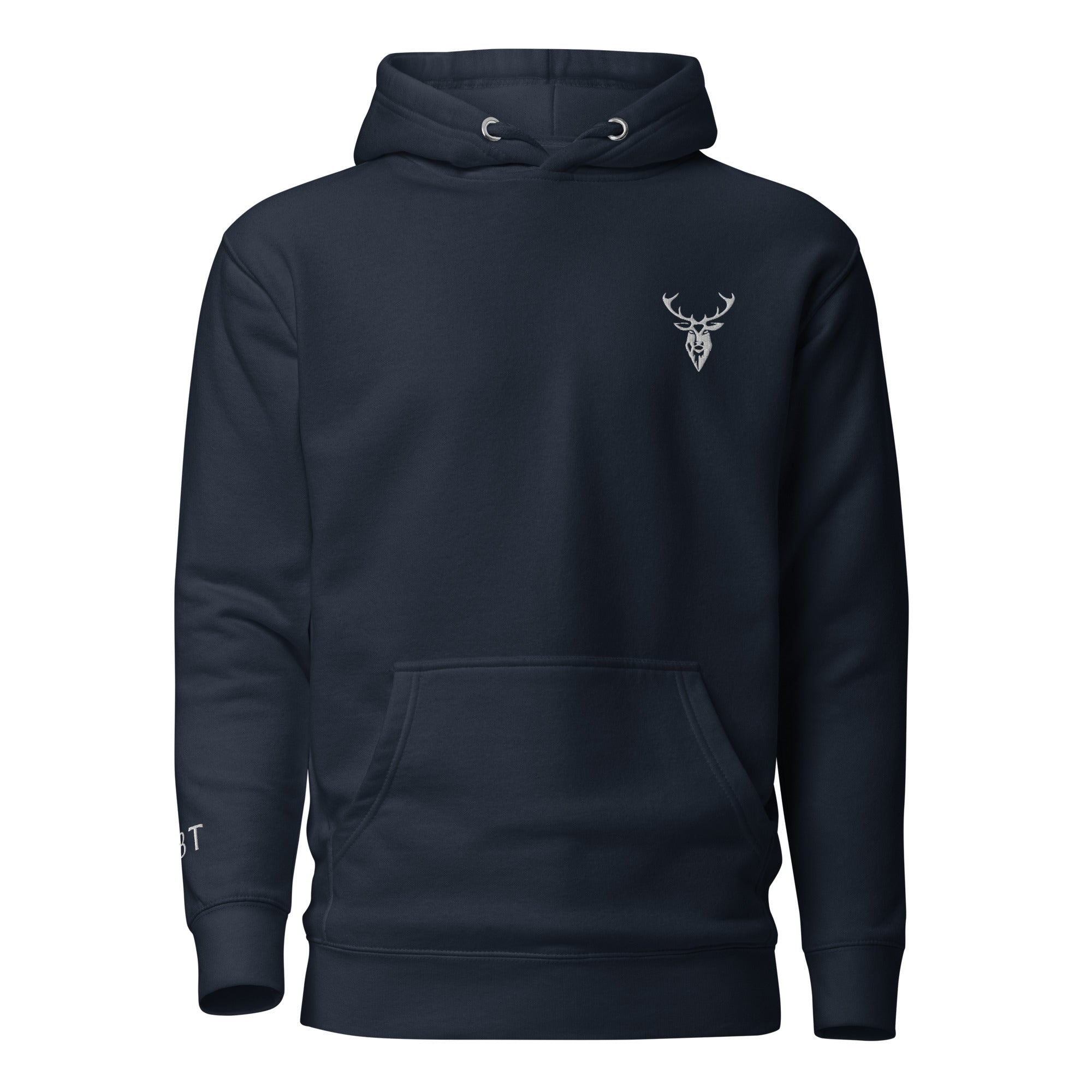 Embroidered Stag Lomond Hoodie in navy colour front view with small stag logo