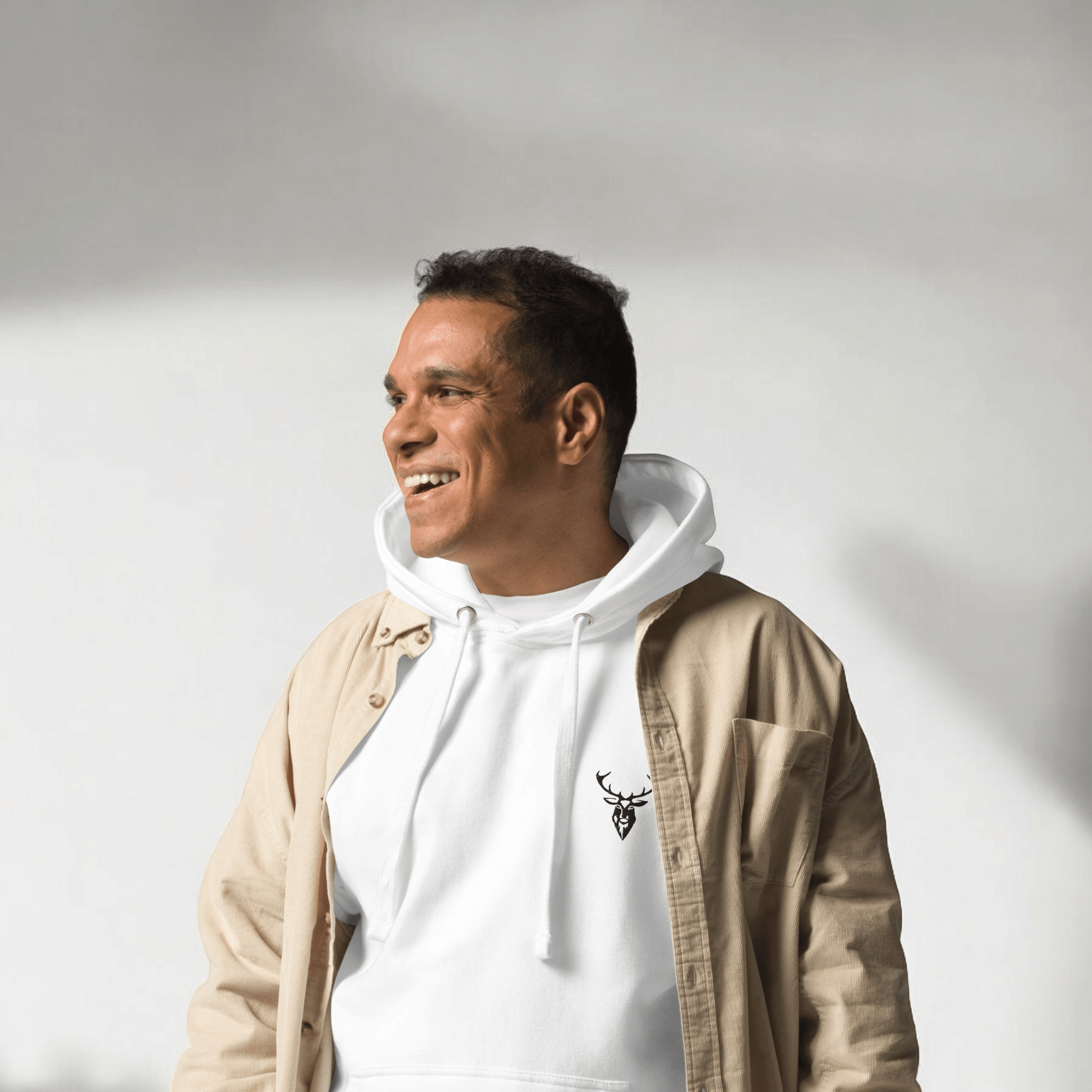 Embroidered Stag Lomond Hoodie in white worn by model front view