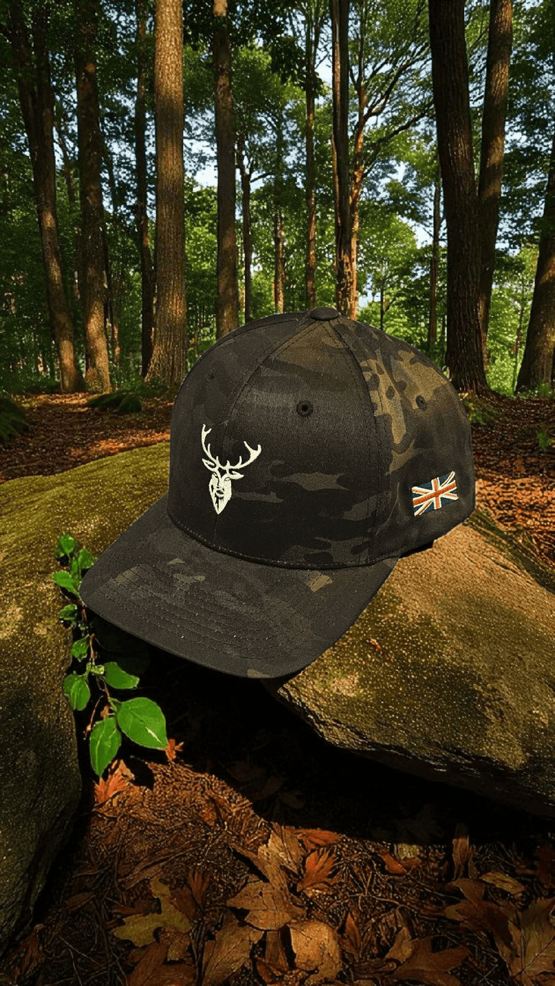 Embroidered Stag Structured Camo Cap, Multicam with British Flag