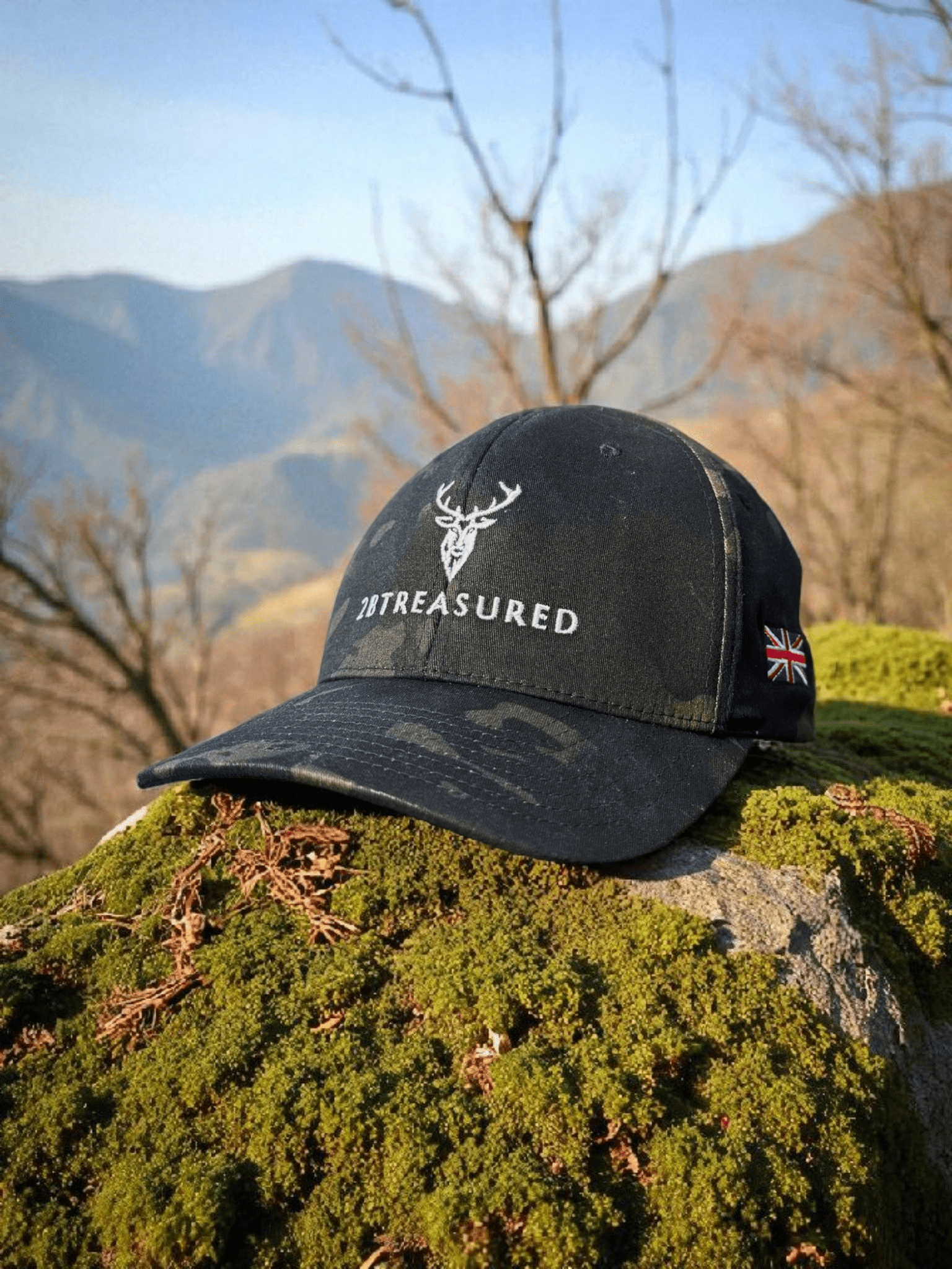 Embroidered Structured Camo Cap Multicam with British Flag from 2BTreasured on hilltop front view