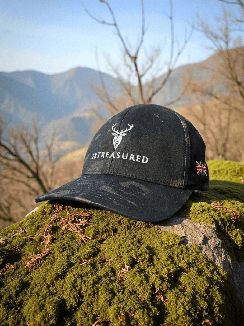Embroidered Structured Camo Cap Multicam with British Flag from 2BTreasured on hilltop front view
