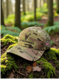 Embroidered Structured Camo Cap with British Flag, Multicam Green from 2BTreasured in a forest