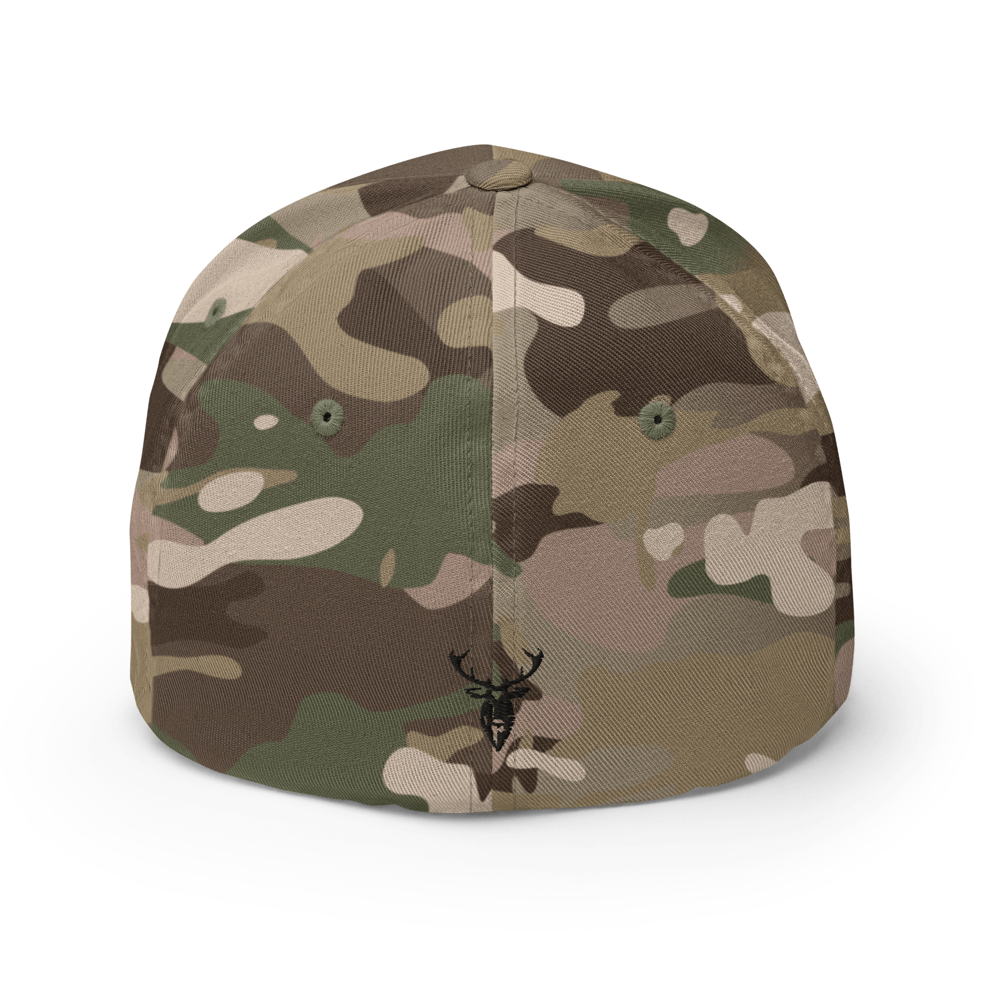 Camouflage baseball cap with a deer emblem on a white background back view