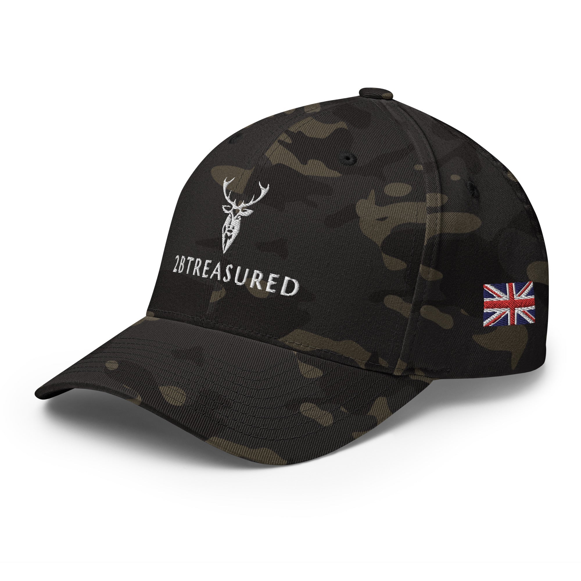 Embroidered Structured Camo Cap, Multicam with British Flag front view
