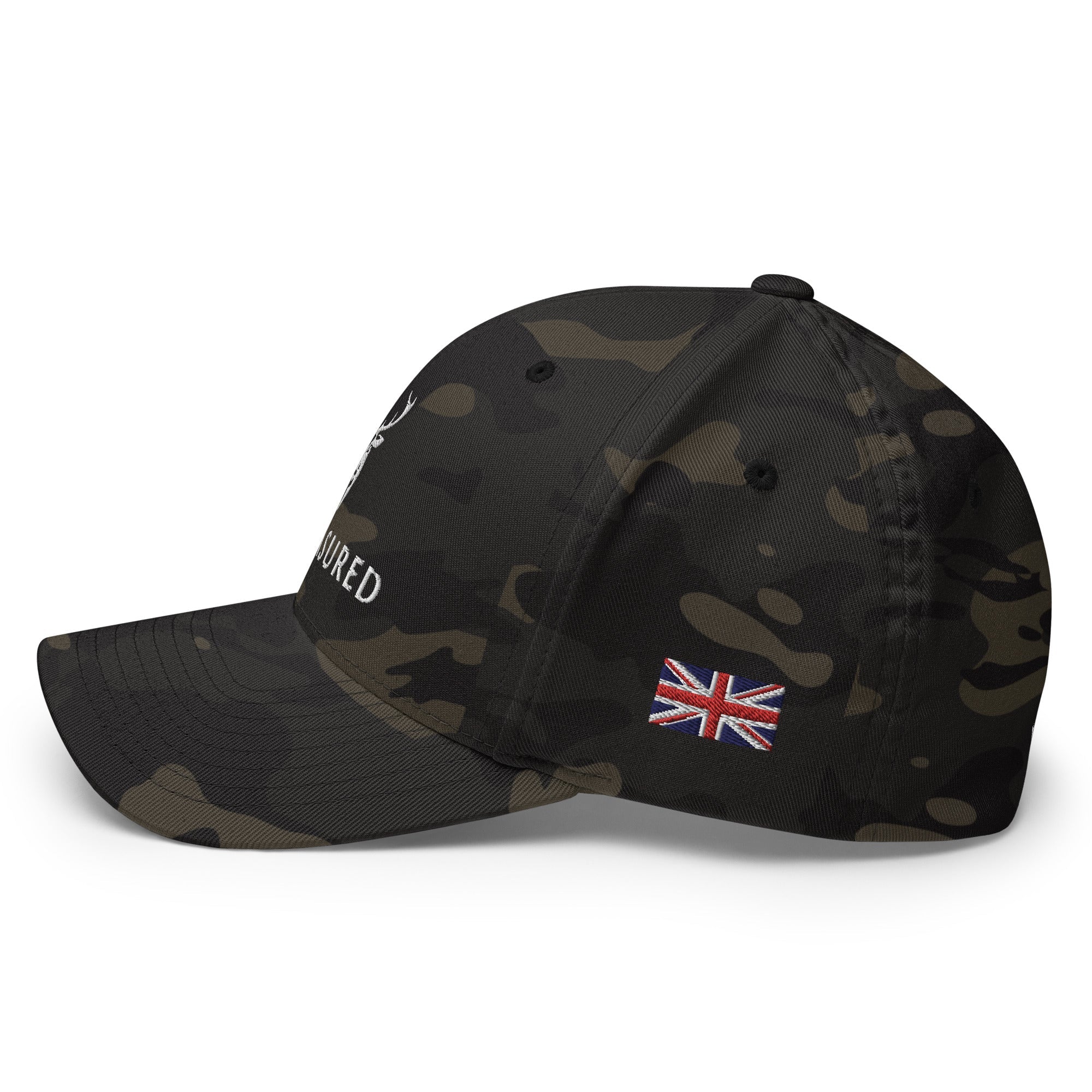 Embroidered Structured Camo Cap, Multicam with British Flag view of the flag embroidery details