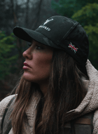 Embroidered Structured Camo Cap, Multicam with British Flag side view of woman model and hat