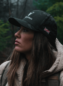 Embroidered Structured Camo Cap, Multicam with British Flag side view of woman model and hat