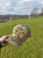Embroidered Structured Camo Cap with British Flag, Multicam Green in the outdoors
