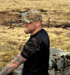 Male wearing the Embroidered Structured Camo Cap with British Flag, Multicam Green 