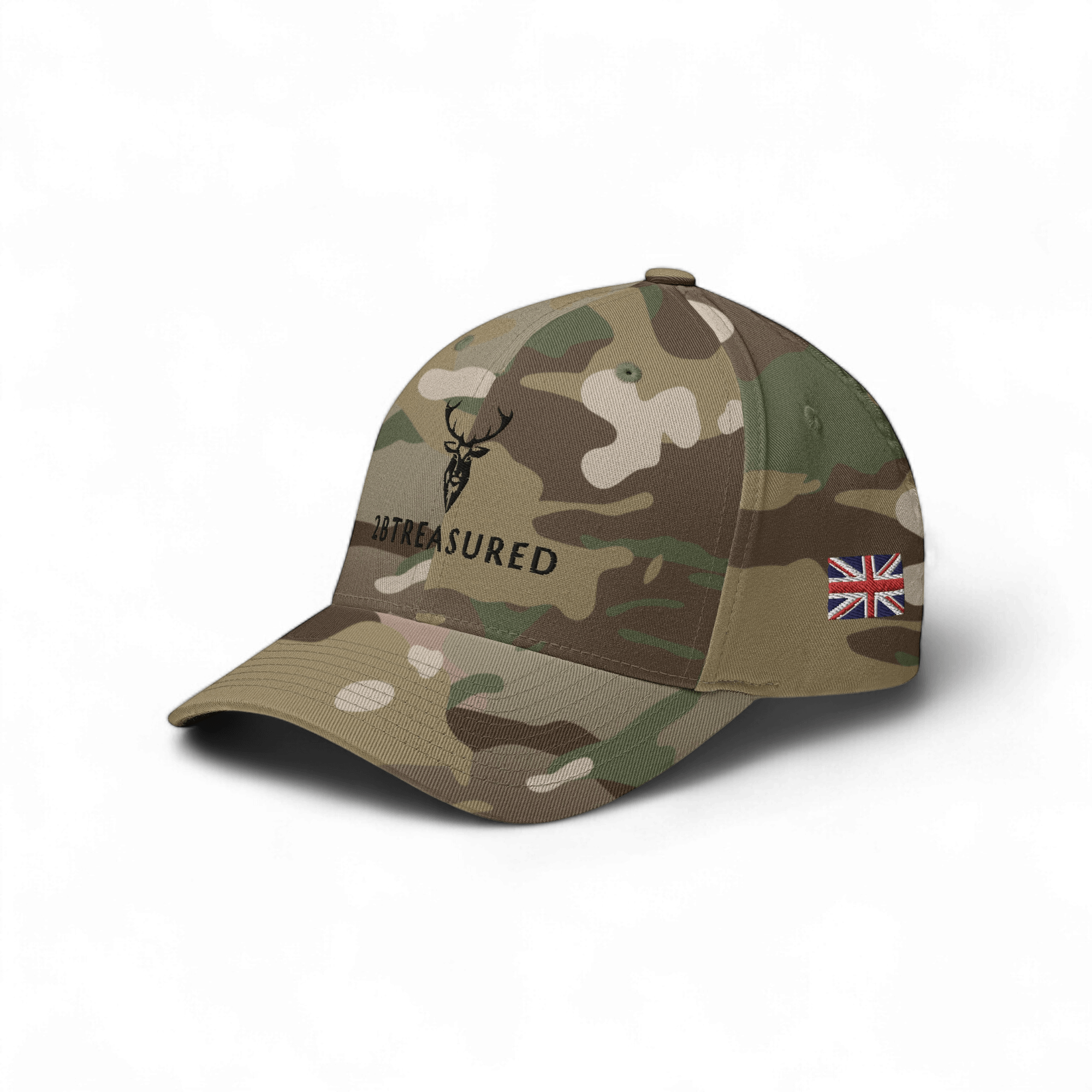 Embroidered Structured Camo Cap with British Flag, Multicam Green