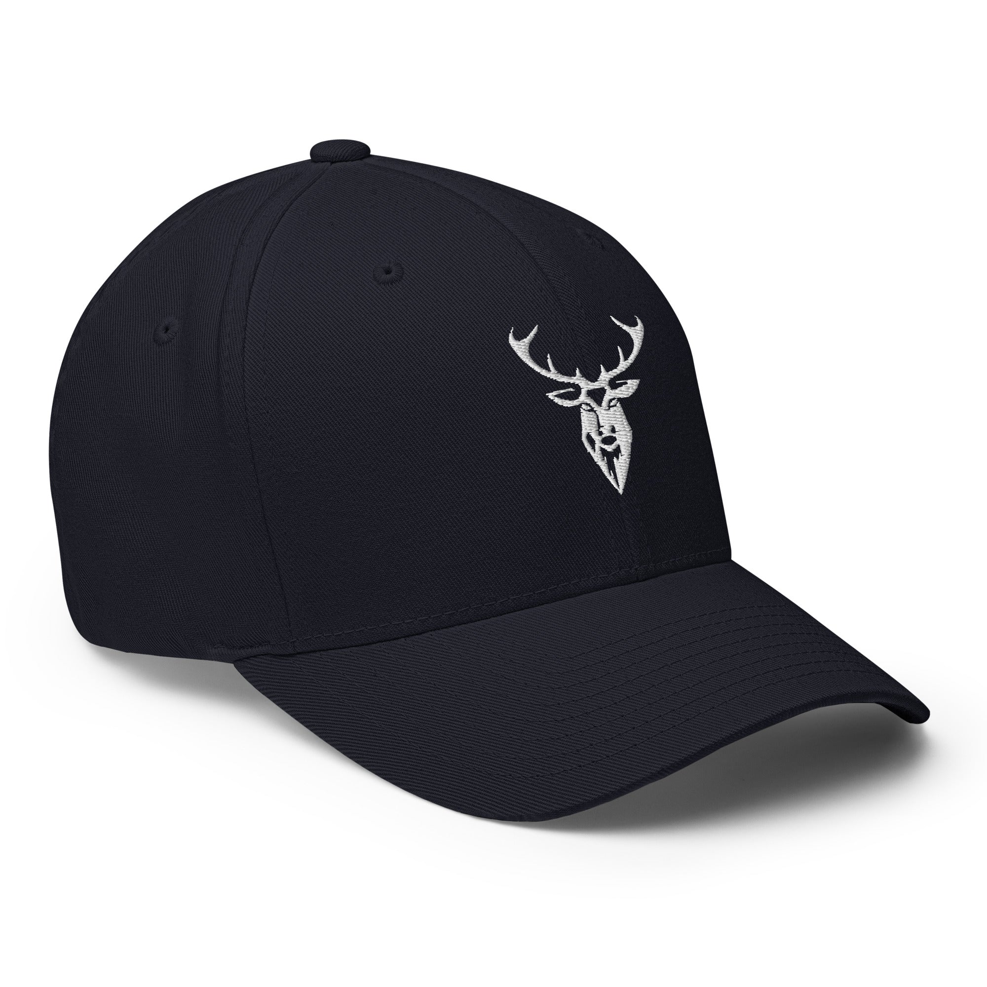Embroidered Structured Stag Cap in navy front view with stag logo