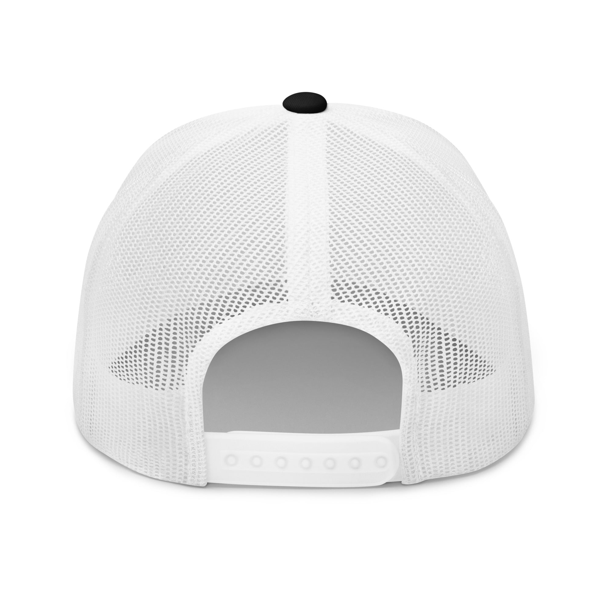Embroidered Trucker Snapback Cap white back view with strap