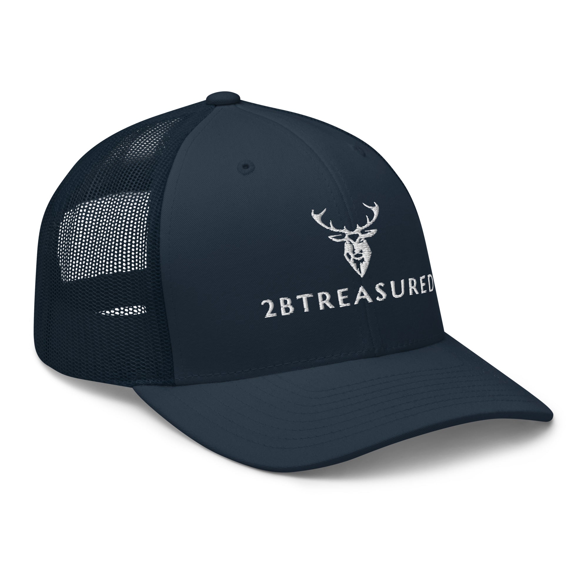 Embroidered Trucker Snapback Cap navy view of front and side