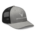 Embroidered Trucker Snapback Cap heather and black front side view with embroidered branding