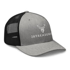 Embroidered Trucker Snapback Cap heather and black front side view with embroidered branding