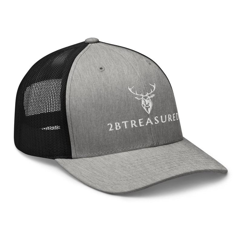 Embroidered Trucker Snapback Cap heather and black front side view with embroidered branding