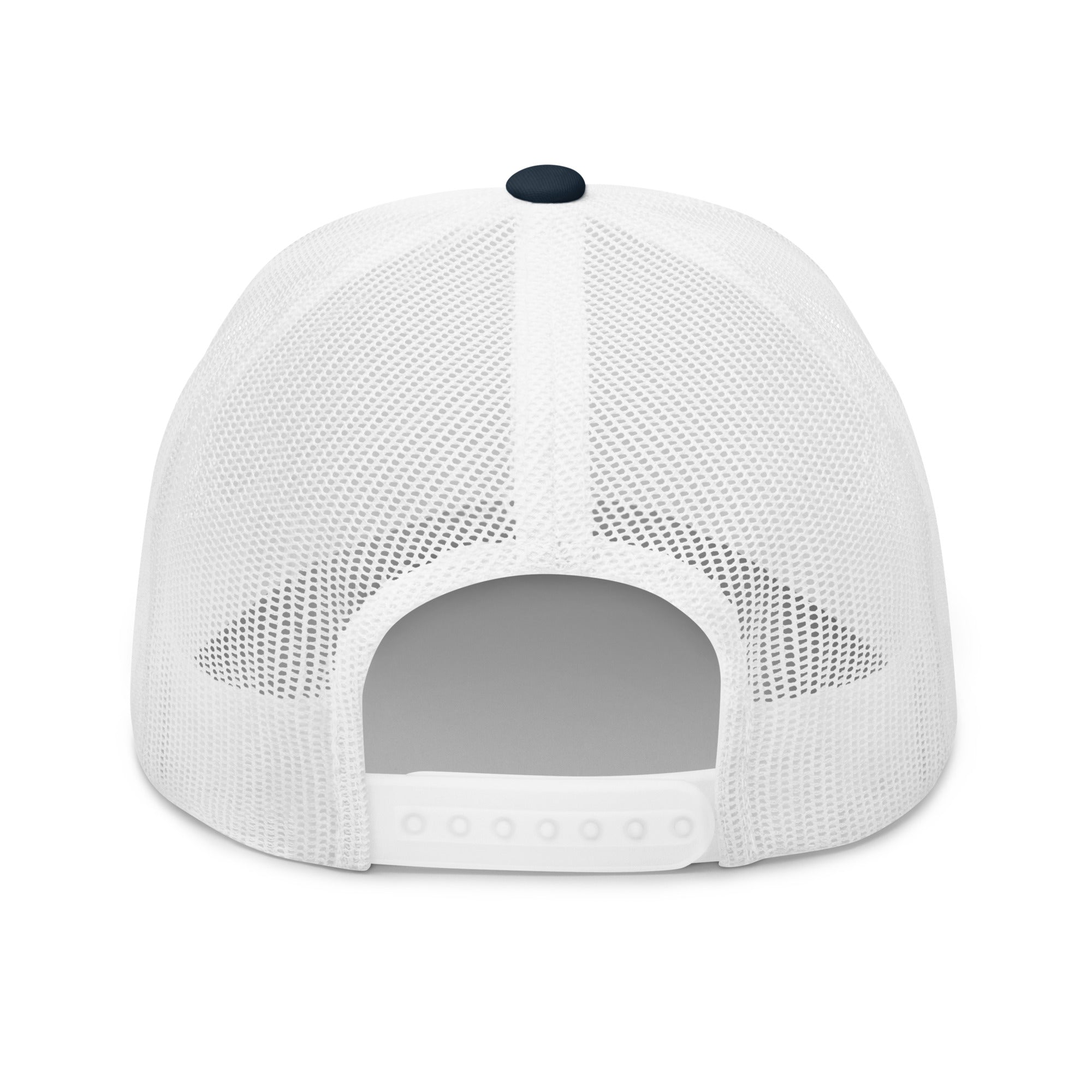 Embroidered Trucker Snapback Cap back view of mesh and strap