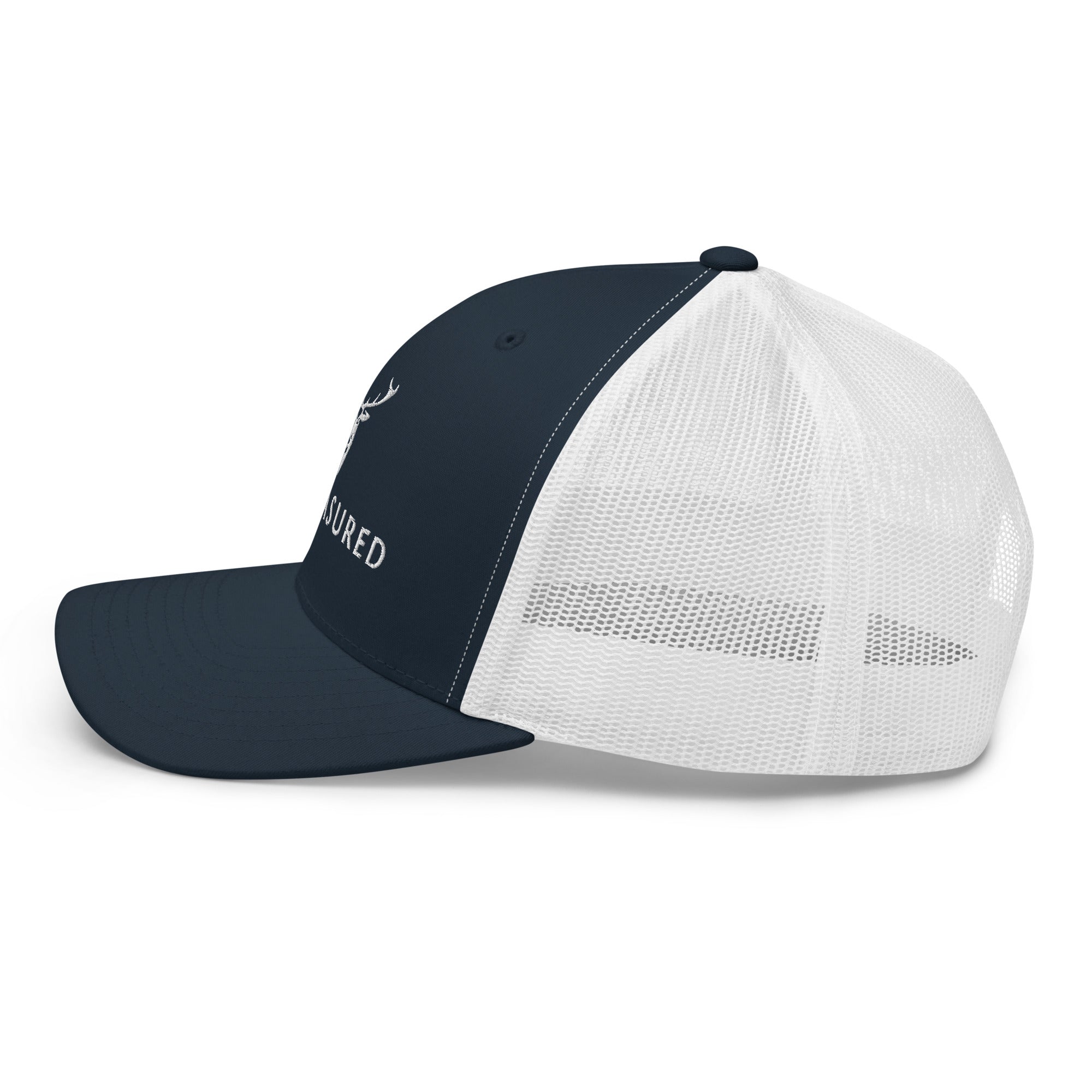 Embroidered Trucker Snapback Cap navy and white side view