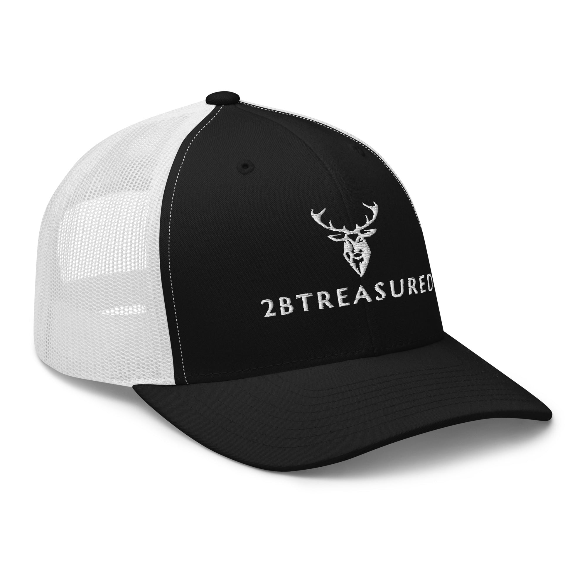 Embroidered Trucker Snapback Cap black and white front view
