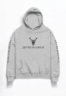 Oversized Cotton Hoodie Athletic Heather front view of branding from 2BTreasured